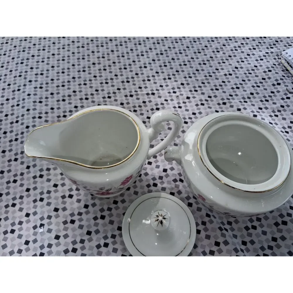 Fine China Cream Creamer and Sugar Set Pink Roses - Gold Trim